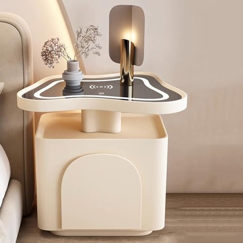 ERICAT Smart Bedside Table with Wireless Charger Station, Led Nightstand with Audio and Dual Fast Charging Socket, Bed End Table with Tempered Glass Top and Microfiber Leather (Color : White1pc)