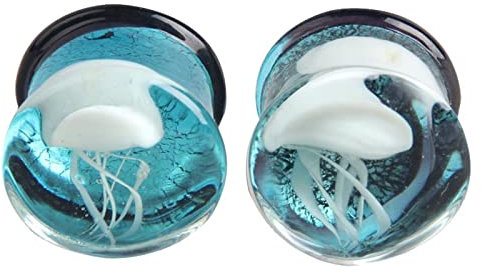 KnBoB 2 Stück Tunnel Ohr Plugs 14MM Glas Blau Meer Tier Flesh Tunnel Piercing Expander Damen Herren Ear Tunnel