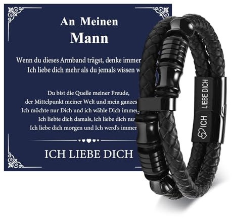 Ich Liebe Dich Lederarmband Geschenke für Männer - Schwarz Leder Armband Gravur Liebe Text für Mann Ihn Ehemann Freund, Herren Lederarmband Liebesgeschenke für Männer Valentinstag Geburtstag Jahrestag