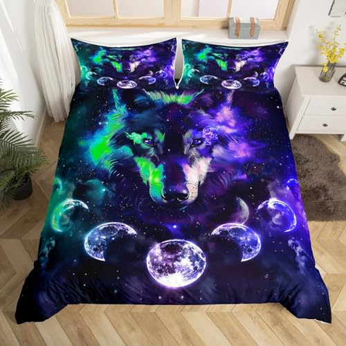 Homewish Grün Lila Mond Sternenhimmel Galaxy Wolf Bettbezug 135x200 | Bettwäsche Mädchen Erwachsene Wild Safari Tiere Tröster Abdeckung Trippy Zimmer Boho Bett Set