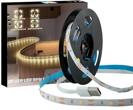 2m(6.56ft) USB Warm White LED Strip Light, Pulg & Play, TV Hintergrundbeleuchtung, Super Bright Indoor Strip Light für Schlafzimmer, Küche, DIY, Dekoration LED Rope Lights Tape Light
