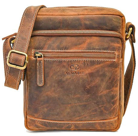 ALMADIH kleine Leder Umhängetasche Herren 9.7 Zoll iPad – EMIL braun - Kompakte Ledertasche für Reisen & Alltag Messenger Schultertasche Freizeittasche Tablet Herrentasche Damen