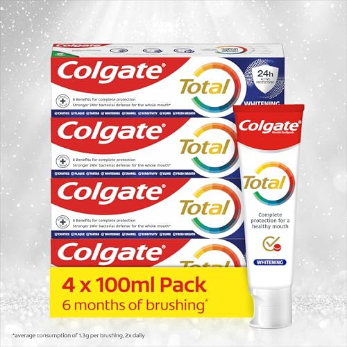Colgate total Whitening Toothpaste 100ml X4 - Stronger 24-Hour Bacterial Defence* - Long-Lasting Active Protection* - Effectively Removes Surface Stains - 8 Benefits For Complete Protection