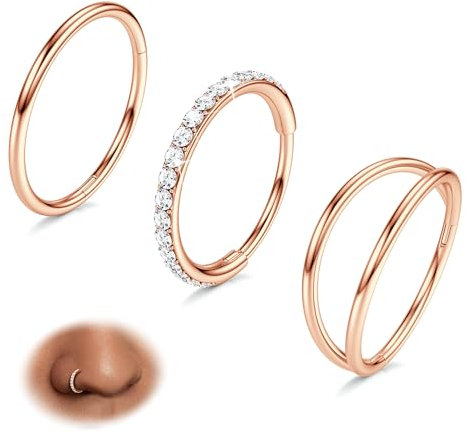 BodyBonita 3 Stück Nasenpiercing – 316L Edelstahl Doppelt Reifen Nasenring 20G CZ Septum Piercing Helix Conch Tragus Daith Ohrring lippenpiercing Schmuck Hypoallergen Frauen Männer Roségold 10mm