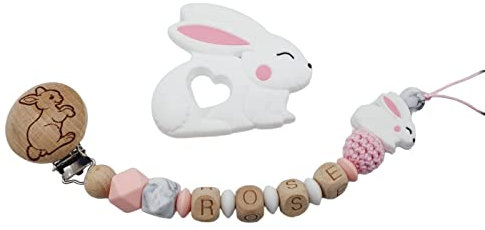 Attache tétine sucette personnalisée/prénom/bébé naissance cadeau, modèle Lapin gravé silicone et bois