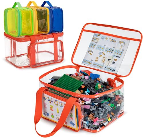 Rexmica 4 Packs Toy Storage Bag Compatible with Lego Building Bricks, Waterproof Clear Toy Organizer Case for Magnetic Toys, Board Games, Building Blocks, Puzzles, Construction Toy Travel Carrying Bag