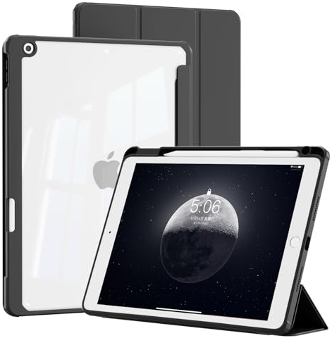 KVTVOU Hülle für iPad 9. / 8. / 7. Generation 10,2 Zoll 2021/2020/2019, Transparente Harte PC Rückschale, Stoßfeste Schutzhülle mit Stifthalter, Schwarz