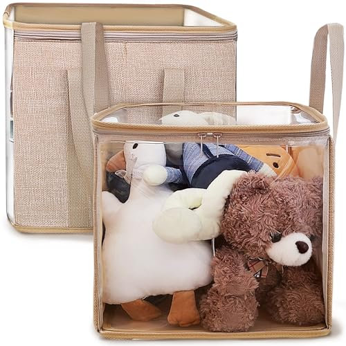 holay 2-Pack 12 Cube Storage Bins [Brown] - 27L Capacity PVC Boxes with Transparent Lid & Handles - Durable & Foldable - Multi-Purpose Organizer for Clothes, Books, and More[Large]