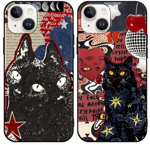 Phoona 2 Packs Cat Star Collage Pattern Phone Case for iPhone 13 / iPhone 14 6,1, Cute Aesthetic Design Print Funda with TPU Slim Liquid Silicone Protection Shockproof Soft Cover for Women Girls
