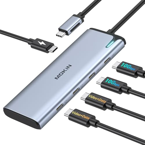 Monitor dual USB C a USB C, pantalla de video USB C 4K a 60Hz, transferencia de datos de 4 USB-C de 10 Gbps, carga PD de 100 W, divisor USB C para laptop, monitor portátil y más dispositivos tipo C