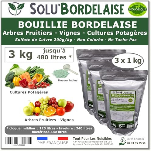 Solu'Bordelaise - 3 kg Bouillie Bordelaise Non Colorée - Fongicide Polyvalent Sulfate de Cuivre - Protection Arbres Fruitiers, Cultures Potagères, Vignes - Utilisable en Agriculture Biologique