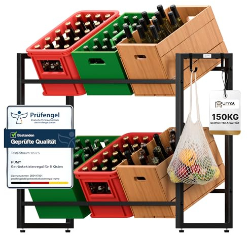 Rumy Estantería para 6 cajas de bebidas – Estantería estable para bebidas y 2 ganchos – Estantería para cajas de bebidas, cajas de cerveza y cajas de agua – negro, para cajas de cerveza – estantería
