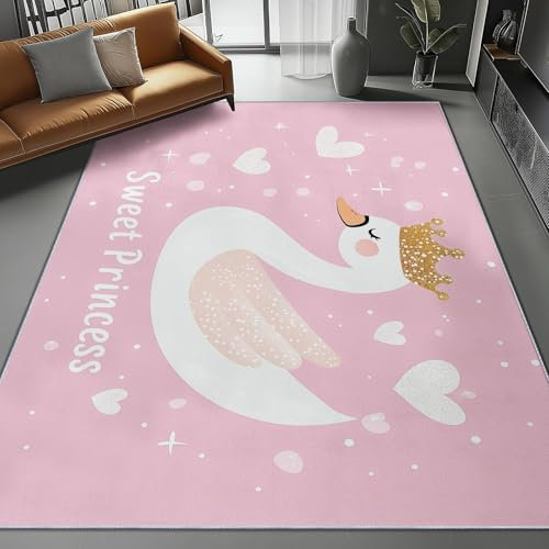 Teppich Fantasie Schwan Krone Weich Und Modern Für Wohnzimmer, Schlafzimmer, Kinderzimmer Und Flur, rutschfest Durch Gummierte Unterseite, Pflegeleicht 100 X 150Cm Rosa Weiß