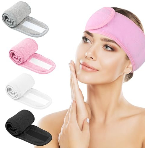 4 Stück Haarband für Make Up Kosmetik Stirnband Frottee Verstellbare Haarschutzband mit Klettverschluss Kosmetik Mikrofaser Haarband für Gesicht Sport Yoga Spa (Schwarz, Weiß, Rosa, Grau)