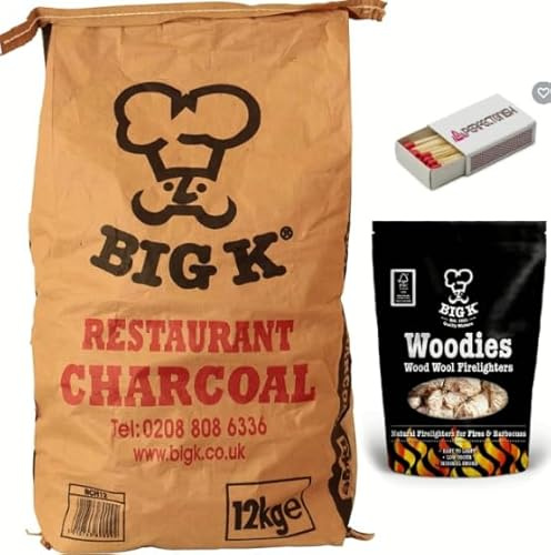Perfectonish | BigK 100% Natural Restaurant Grade Lumpwood Chilla Grill Charcoal 12kg + 24 Natural Wood Wool Firelighters – Long Burn, Low Smoke, Eco-Friendly BBQ Fuel Bundle With Free Match Box