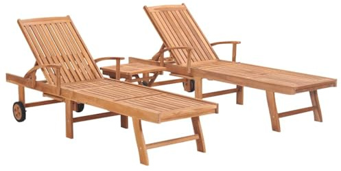 Transat Jardin Extérieur, 2 Pièces avec Table en Teck Massif, Dossier Réglable 3 Positions, Roulettes de Déplacement, pour Terrasse, Jardin, Piscine, Naturel, Dimensions Chaise: 195 x 59.5 cm