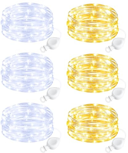 btfarm 6 Stück Lichterkette Batterie, 2M 20 LED Mini Lichterkette Innen | IP65 Wasserdicht Silberdraht, Klein Lichterkette Batteriebetrieben für Hochzeit Party Weihnachten Deko, WarmWeiß + Kaltweiß