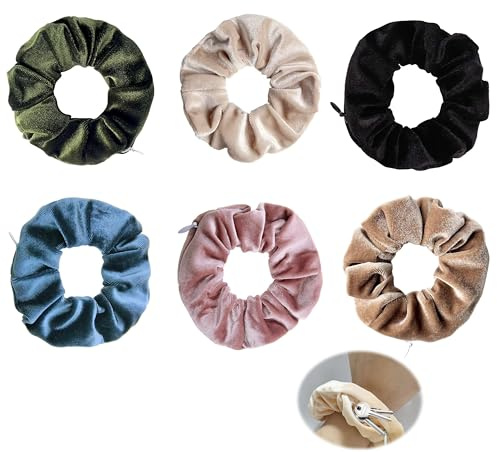 6 Stück Haargummis Damen mit Reißverschluss-Tasche, Bunte Scrunchies Samt Haargummi Elastische Wertsachen Geld Versteck Geldversteck Geheimfach Safe Reise-Gadgets Urlaub Weiches Hair Rope