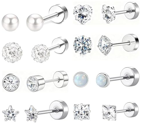 Flat Back Earrings for Women Men, 316L Stainless Steel Titanium Stud Earrings, Hypoallergenic 20G Cubic Zircon Screw Back Stud Earrings, Variety of Dainty Styles Designs for Multiple Piercing