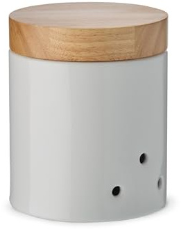 KHG Vorratsdosen-Set Keramik Steingut in weiß mit Holzdeckel, Holzdeckel | Beschriftung, Vorratsbehälter-Set für Mehl, Zucker, Salz, Kaffee, Tee, Zwiebeln, Knoblauch, Knoblauch & vieles mehr