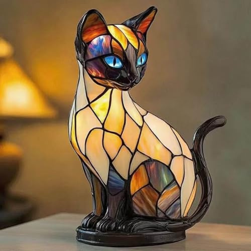 Rubu22a Kunstharz Katzenlampe, Retro Katzen Buntglas Tischlampe, Vintage-Tierlampe,Buntglas Tischlampe, Cat Pet Geschenke für Kinder Mädchen (01)