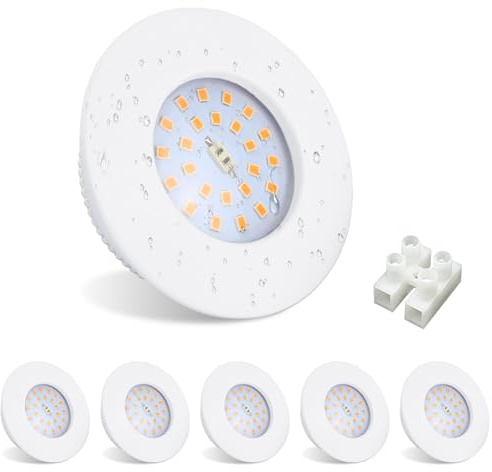 Allesgute 6er Set LED Einbaustrahler 230V IP44 5W Warmweiß | Flachspots 30mm, Warmweiß 3000K 500LM, Einbautiefe Rund Weiß. für Badezimmer Küche Wohnzimmer