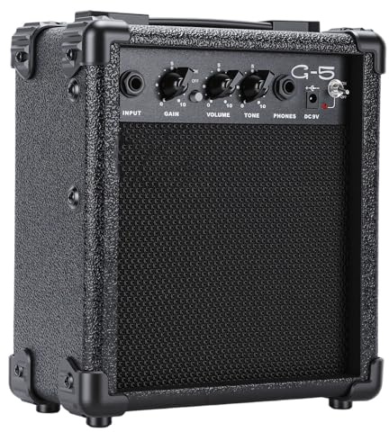 FILFEEL Gitarrförstärkare 5W Bärbar Elgitarrförstärkare med 3,5 Mm Hörlurar och 6,35 Mm Ingång för Tyst Träning Street Performance Furuhögtalare