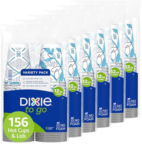 Dixie To Go Paper Coffee Cups With Lids, 12 oz, 156 Count (6 packs of 26 cups), Disposable Insulated Paper Cups for On-The-Go Hot or Cold Beverages