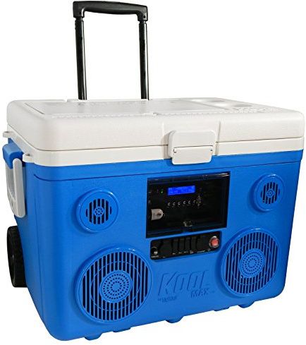 KoolMAX Cooler with Bluetooth Speaker System, 350W Boombox, 40 Qt Cooler, Rechargeable, USB 12V Car Cigarette Lighter Power Station, Guitar Amplifier, Radio, PA Machine, Karaoke, Blue