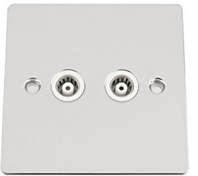 TV Coaxial Aerial Socket Double 2 Gang - Polished Chrome Flat - White Insert