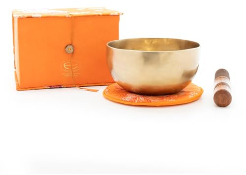 Tibetische Klangschale in Geschenk-Box, inklusiv orangener Unterlage sowie einem Holz-/ Lederklöppel -5017-L-