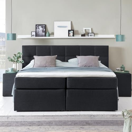 Furniture for Friends 3F Boxspringbett Bea 200x220 cm Schwarz Härtegrad H2 | 7-Zonen Taschenfederkern Matratze + Visco Topper