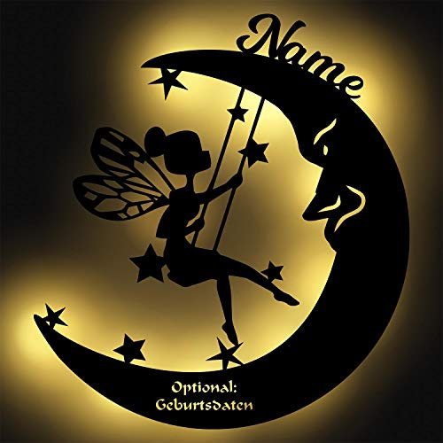 Schlummerlicht Leuchtsterne Nachtlicht Led Lampe personalisiert Schaukel Fee auf Mond Geschenke zur Geburt Feen Geschenk mit Name Geburtsdaten persönlich Mädchen