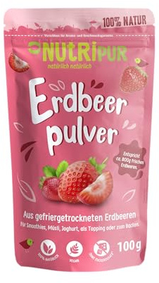 Erdbeer Fruchtpulver: 100g Erdbeeren gefriergetrocknet und fein gemahlen – Getrocknete Früchte ohne Zucker Zusatz – Erdbeeren Pulver, Gefriergetrocknete Früchte, Gefriergetrocknete Beeren von NutriPur