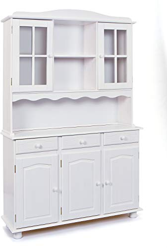 Dmora Sideboard mit drei Türen und Schubladen mit oberer Vitrine, weiße Farbe, 130 x 198 x 32 cm