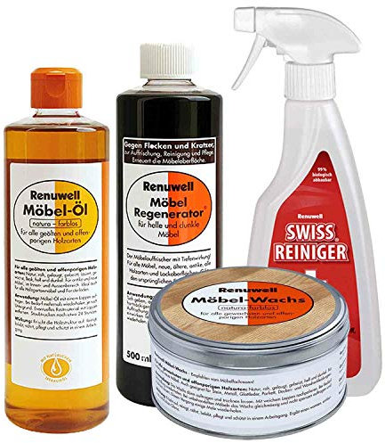 Renuwell Möbel-Regenerator, Möbel-Öl, Möbel-Wachs & Swiss Reiniger (jeweils 500 ml) – 4-teiliges Set zur intensiven Pflege, Reinigung und Schutz von Holz
