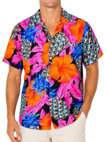 King Kameha Funky Hawaii-Hemd, Herren, Kurzarm, Pineapple-Hibiscus, Schwarz-Pink, M