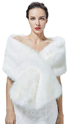 BEAUTELICATE Kunstpelz Schal Stola Bolero Damen Brautschal Wrap Jacke Mantel Winter Hochzeit Gatsby 1920er Jahre Kostüm (Rohes Weiß mit Loch, Einheitsgröße)