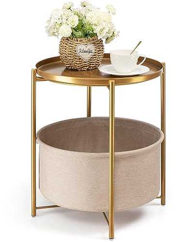 danpinera Runder Beistelltisch mit Aufbewahrungskorb aus Stoff, Beistelltisch aus Metall, kleiner Nachttisch mit abnehmbarer Tablettplatte für Wohnzimmer, Schlafzimmer, Kinderzimmer, Wäsche, Gold