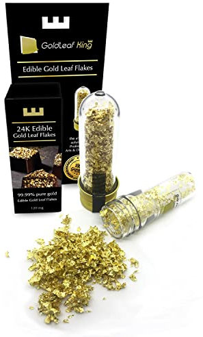 Goldleafking 99.99% Purity Edible Gold Leaf Flakes - 120mg Bottle (Texture Level 2: Medium Particle) | Multi Purpose Wine Beverage Liquor Bartender, Cake Chocolate Chef Art + Free Precision Tweezer