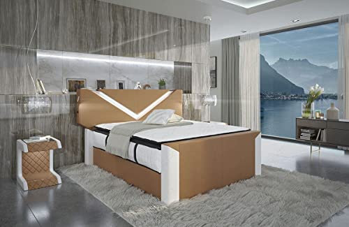 Sofa Dreams Boxspringbett Lyon in Leder mit Stauraum und moderner LED Beleuchtung Licht einstellbar Bett in Allen Größen (200 x 220 cm, sandbeige-Weiss)