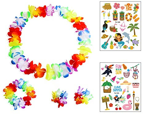 BEIIEB Hawaii-Girlande Set mit 8 Stück, 2 Tattoo-Aufkleber, elastischer Kranz, Stirnbänder, Armbänder, bunt, rund, geeignet für Partys