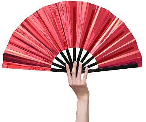HeyToo Large Shining Rave Folding Hand Fan Clack Handheld Fan for Party Night Club Festival Halloween Outfit Accessories 13inch Red