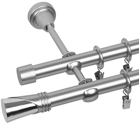 RENA Gardinenstange 19/19 mm Vorhangstange 2-läufig| Metall Elegante klassische Gardinenstange mit geräuscharmen Rollen | Inklusive Montagezubehörset | Chrom Matt 220cm |Duncan