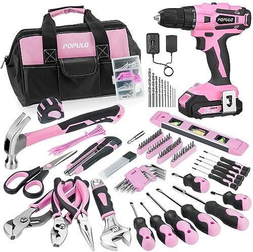 populo Pink Tool Kit 236-Piece with Cordless 20V 2000mAh Power Drill Driver, Lady's Basic Home Tool Set with 12-Inch Pink Tool Bag, Electric Drill Sets Combo Kit for Women, House, DIY