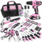 populo Kit de herramientas rosa de 236 piezas con taladro eléctrico inalámbrico de 20 V 2000 mAh, juego de herramientas básicas para el hogar para mujer con bolsa de herramientas rosa de 12 pulgadas