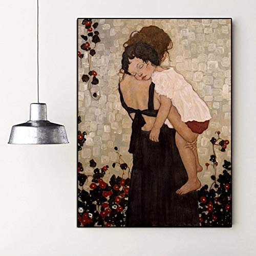 HOLEILUCK Eine Mutter mit Kind Gustav Klimt – klassischer Künstler, schwarz gerahmte Drucke, Gemälde auf Leinwand, Wandkunst, Bilder, Heimdekoration, 95 x 140 cm/37 x 55 Zoll mit schwarzem Rahmen