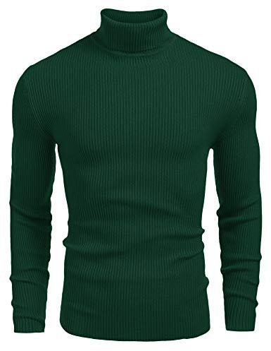 COOFANDY Men's Jumpers Turtle Neck Cable Knitted Jumpers Slim Fit Pollover Sweater Dark Green