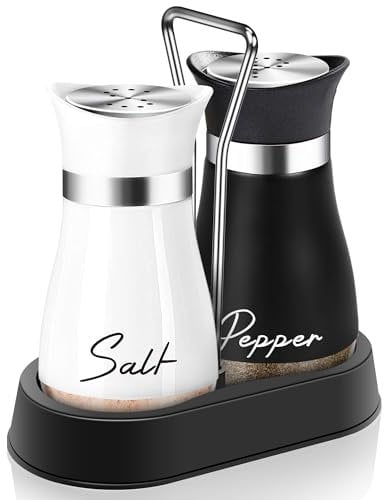 Salt and Pepper Shakers Set with Holder,4 oz Bottom Salt Shaker with Stainless Steel Lid for Kitchen Gadgets Cooking Table Housewarming Gift Christmas Decor Refillable Design (Black + White)