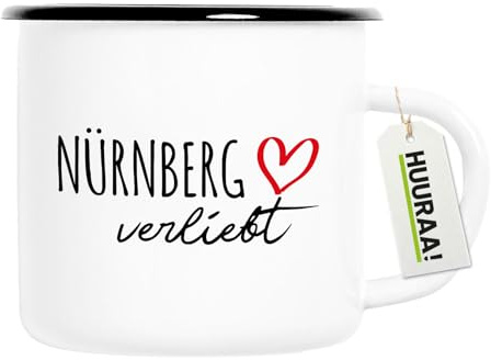 Huuraa Emaille Tasse Nürnberg verliebt Geschenk | 300ml Becher Weiß mit Schwarzem Rand Vintage Campingbecher Geschenkidee Kaffeetasse als Wohnwagen Zubehör Campingtasse